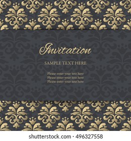 Vintage vector black and gold colored floral background. Luxury ornamental pattern with paper cut 3d ribbon. Invitation card template