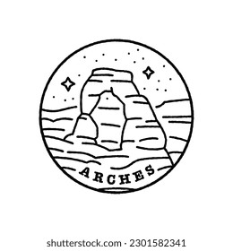 Vintage Vektorgrafik, schwarz-weißes, rundes Etikett. Nationalparks der USA. Bögen. Utah.