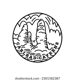 Etiqueta redonda blanca y negra vintage. Parques nacionales de Estados Unidos. Cavernas de Carlsbad. Nuevo México.