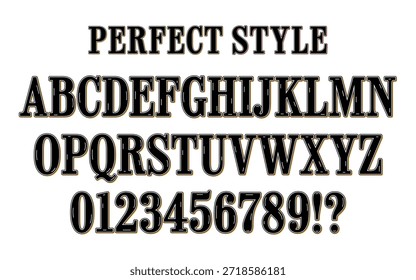 Vintage Vektor fett Serif Alphabet Schrift mit dekorativen doppelten schwarzen Umriss, einschließlich Großbuchstaben A-Z und Zahlen 0-9 mit Interpunktion, Retro-Überschriften, Plakate und Etiketten.