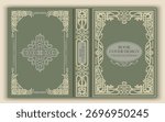 Vintage vector book cover with elegant ornaments and decorative Victorian frame. Olive green and beige color palette create a classic harmony and antique elegance.