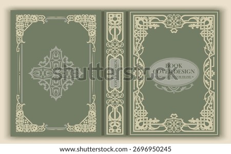 Vintage vector book cover with elegant ornaments and decorative Victorian frame. Olive green and beige color palette create a classic harmony and antique elegance.