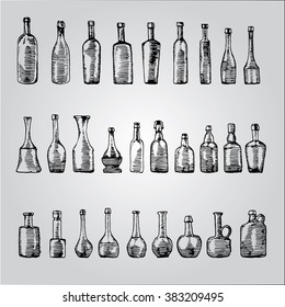 vintage vector bottle set hand drawn with ink for pub, bar or restaurant menu icons