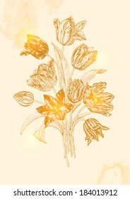 Vintage vector bouquet of nine tulips on a beige background. Illustration. Ink, pen.