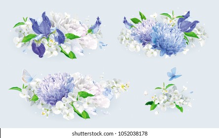 Ramos vectoriales vintage: crisantemos azules, irlandeses, pueblos blancos, flores de Apple. Dibujo botánico en acuarela para tarjetas de felicitación, invitaciones de boda de flores, ventas de verano de primavera.