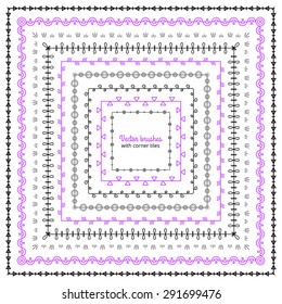 Vintage vector brush collection with inner and outer corner tiles. Ornamental border frame illustrations. Hand-drawn design elements.