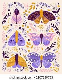 Vintage vector butterflies with floral ornament. Folk illustration of mystical moths with flowers, leaves and branches. Abstract insects boho collection