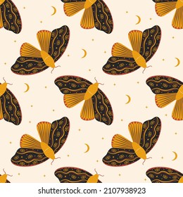 Vintage-Vektorschmetterlinge nahtlos Muster. Hintergrund mit folkloristischen mystischen Motten mit Blumen, Blättern und Ästen. Abstrakte Boho-Insekten für Textilien, Packpapier, Tapete