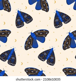 Vintage vector butterflies seamless pattern. Background with folk mystical moths with celestial symbols. Abstract boho insects for textile, wrapping paper, wallpaper