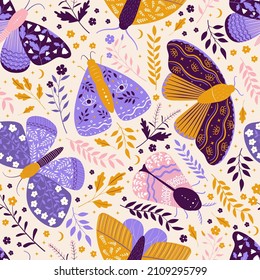 Vintage vectorial mariposas sin fisuras. Fondo con polillas místicas folclóricas con flores, hojas y ramas. Resumen de insectos de boho para textiles, papel de envoltura, papel tapiz