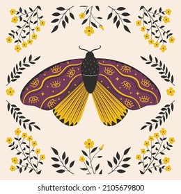 Vintage vector butterfly with floral ornament. Folk illustration of mystical moth with flowers, leaves and branches. Abstract insect boho card, poster, print