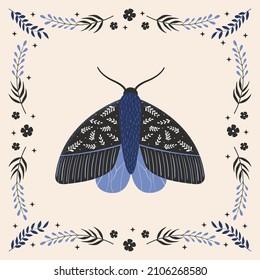 Vintage vector butterfly with floral ornament. Folk illustration of mystical night moth with flowers, leaves and branches. Abstract insect boho card, poster, print, frame