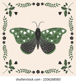 Vintage vector butterfly with floral ornament. Folk illustration of mystical night moth with flowers, leaves and branches. Abstract insect boho card, poster, print, frame