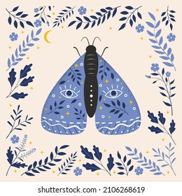 Vintage vector butterfly with floral ornament. Folk illustration of mystical night moth with flowers, leaves and branches. Abstract insect boho card, poster, print, frame