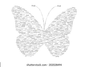 vintage vector butterfly silhouette made of words isolated on white background