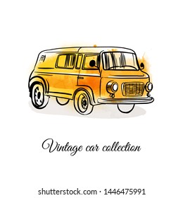 Vintage vector car collection. Sketch and watercolor illustration