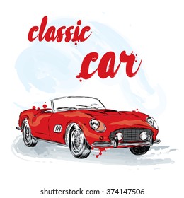Vintage vector car. Vector illustration for greeting card, poster, or print on clothes.