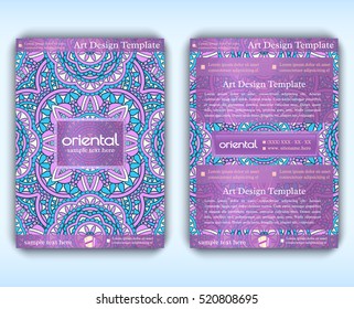 Vintage vector card with arabic texture. Decorative oriental templates for brochure, flyer or booklet. Front and back page, size A4. Elegant layout with floral mandala pattern and ornaments