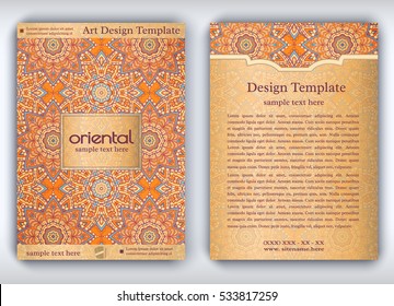 Vintage vector card with arabic texture. Decorative oriental templates for brochure, flyer or booklet. Front and back page, size A4. Elegant layout with floral mandala pattern and ornaments.