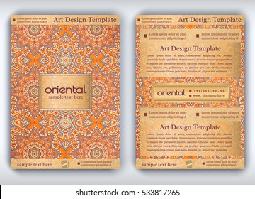 Vintage vector card with arabic texture. Decorative oriental templates for brochure, flyer or booklet. Front and back page, size A4. Elegant layout with floral mandala pattern and ornaments.