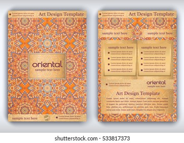 Vintage vector card with arabic texture. Decorative oriental templates for brochure, flyer or booklet. Front and back page, size A4. Elegant layout with floral mandala pattern and ornaments