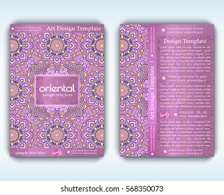 Vintage vector card with arabic texture. Decorative oriental templates for brochure, flyer or booklet. Front and back page, size A4. Elegant layout with floral mandala pattern and ornaments