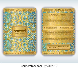 Vintage vector card with arabic texture. Decorative oriental templates for brochure, flyer or booklet. Front and back page, size A4. Elegant gold layout with floral mandala pattern and ornaments