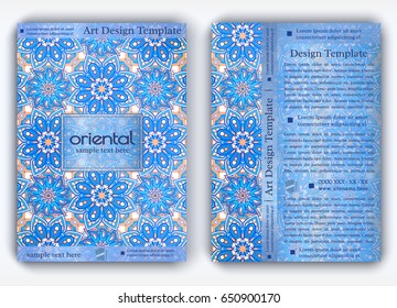 Vintage vector card with arabic texture. Decorative oriental templates for brochure, flyer or booklet. Front and back page, size A4. Elegant layout with floral mandala pattern and ornaments.