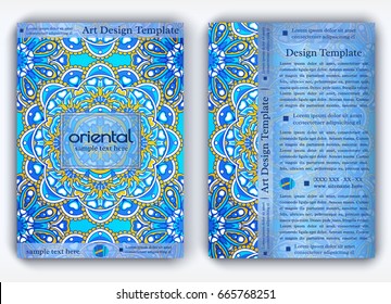 Vintage vector card with arabic texture. Decorative oriental templates for brochure, flyer or booklet. Front and back page, size A4. Elegant layout with floral mandala pattern and ornaments.