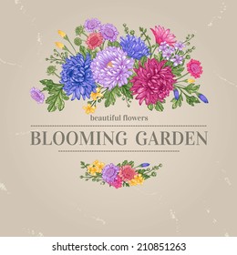 Vintage vector card with beautiful bouquet garden asters, chrysanthemums, daisies on a beige background. Design element.