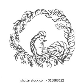 Vintage vector card with bird. Bird made from many round dots. Background in white and black colors.