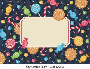 Vintage vector card with candies for parties or holidays. Retro invitation for Christmas of birthday.
