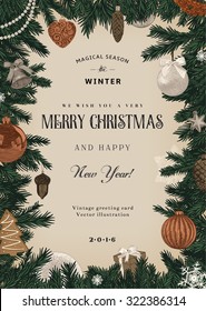 Vintage vector card. Christmas frame with brown and beige toys.