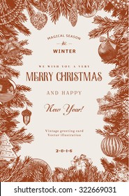 Tarjeta vectorial vintage. Marco navideño con juguetes y decoraciones. Oro y blanco.