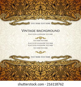 Vintage vector card design, royal gold ornament, luxury border, background, page for text, victorian style, rich element for wedding decoration and invitation creative design.