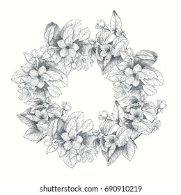 Vintage vector card with detailed frame of garden roses on a white background. Victorian style.