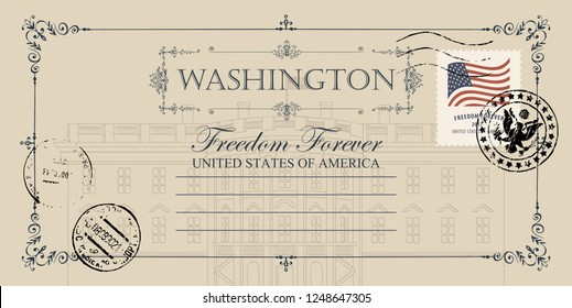 Tarjeta vectorial vintage con dibujo de la Casa Blanca de los Estados Unidos en Washington DC y lugar de texto. Punto de referencia estadounidense. Postal retro con bandera americana en el sello postal y escudo de armas en el afiche.