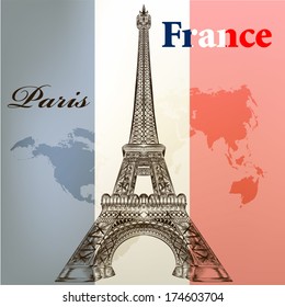 Vintage vector card with Eiffel tower on a flag of France