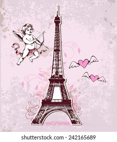 Vintage vector card with Eiffel Tower and cupid for Valentine's Day