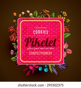 Vintage Vector Card with Engraving Flowers. Frame for Logo, Label. Retro Floral Design. Roses, Leaves, Lilies, Tulips and other Flowers.