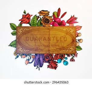 Vintage Vector Card with Engraving Flowers. Frame for Logo, Label. Retro Floral Design. Roses, Leaves, Lilies, Tulips and other Flowers.