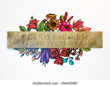 Vintage Vector Card with Engraving Flowers. Frame for Logo, Label. Retro Floral Design. Roses, Leaves, Lilies, Tulips and other Flowers.