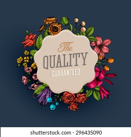 Vintage Vector Card with Engraving Flowers. Frame for Logo, Label. Retro Floral Design. Roses, Leaves, Lilies, Tulips and other Flowers.