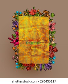 Vintage Vector Card with Engraving Flowers. Frame for Logo, Label. Retro Floral Design. Roses, Leaves, Lilies, Tulips and other Flowers.