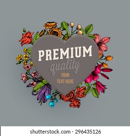 Vintage Vector Card with Engraving Flowers. Frame for Logo, Label. Retro Floral Design. Roses, Leaves, Lilies, Tulips and other Flowers.