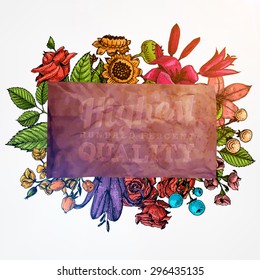 Vintage Vector Card with Engraving Flowers. Frame for Logo, Label. Retro Floral Design. Roses, Leaves, Lilies, Tulips and other Flowers.
