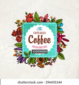 Vintage Vector Card with Engraving Flowers. Frame for Logo, Label. Retro Floral Design. Roses, Leaves, Lilies, Tulips and other Flowers.