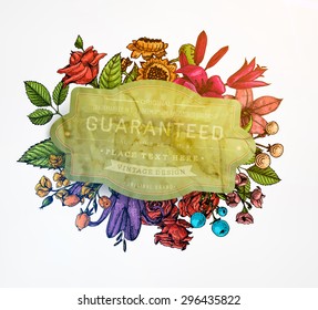 Vintage Vector Card with Engraving Flowers. Frame for Logo, Label. Retro Floral Design. Roses, Leaves, Lilies, Tulips and other Flowers.