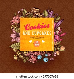 Vintage Vector Card with Engraving Flowers. Frame for Logo, Label. Retro Floral Design. Roses, Leaves, Lilies, Tulips and other Flowers.