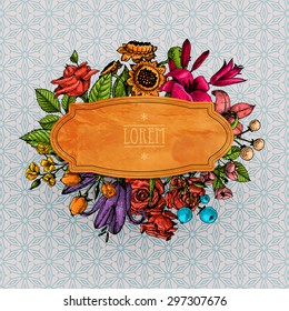 Vintage Vector Card with Engraving Flowers. Frame for Logo, Label. Retro Floral Design. Roses, Leaves, Lilies, Tulips and other Flowers.